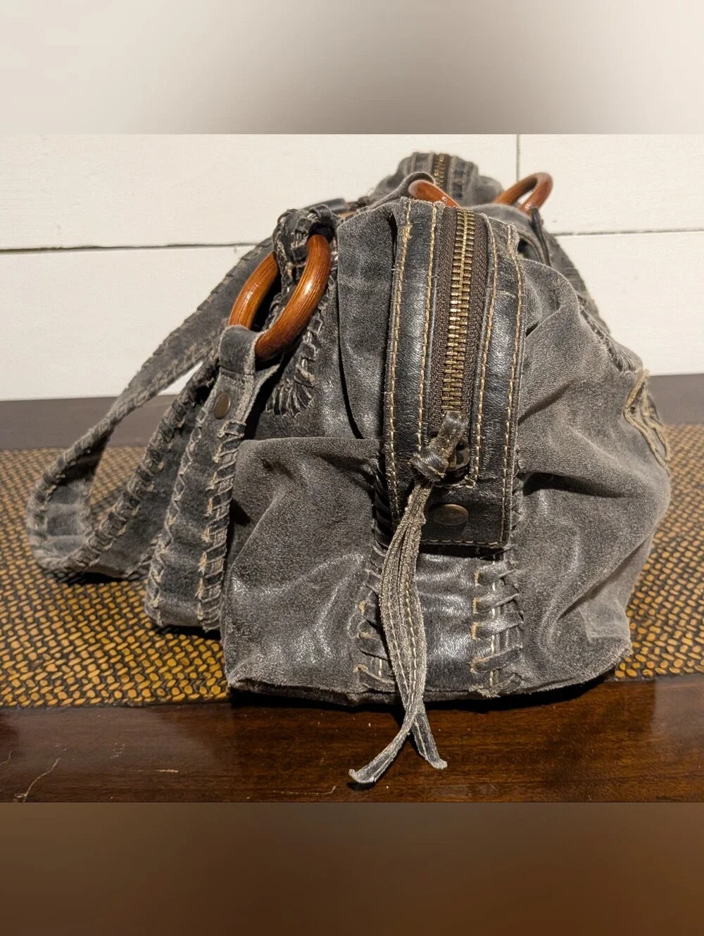 Y2K Guess Hobo Bag Womens Large Pewter Metallic Logo Rhinestone Whipstitch Studs